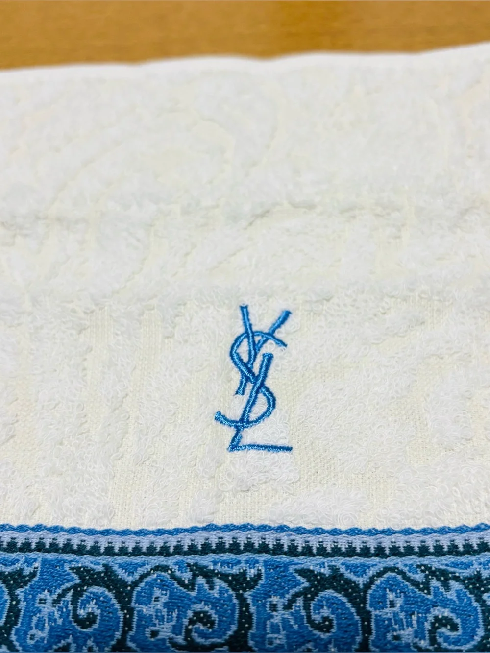 Yves Saint Laurent White Towel with Blue Embroidered YSL size 23cm 9”